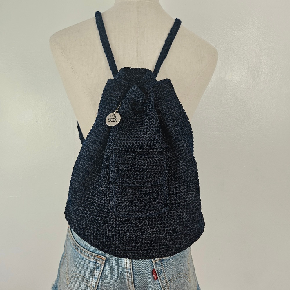 The Sac Dylan Crochet Knit Backpack Purse Navy Blue Small‎ Drawstring Pockets